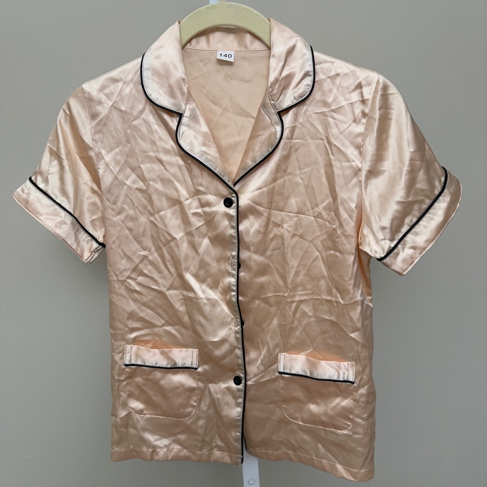 Kids Satin Short Sleeve Pajama top and long bottom - Cream 140CM